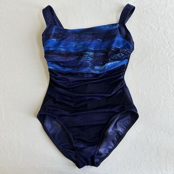 Miraclesuit Square Neck Navy Blue Tie Dye Shimmer One Piece Swimsuit Size 12 - Picture 1 of 6